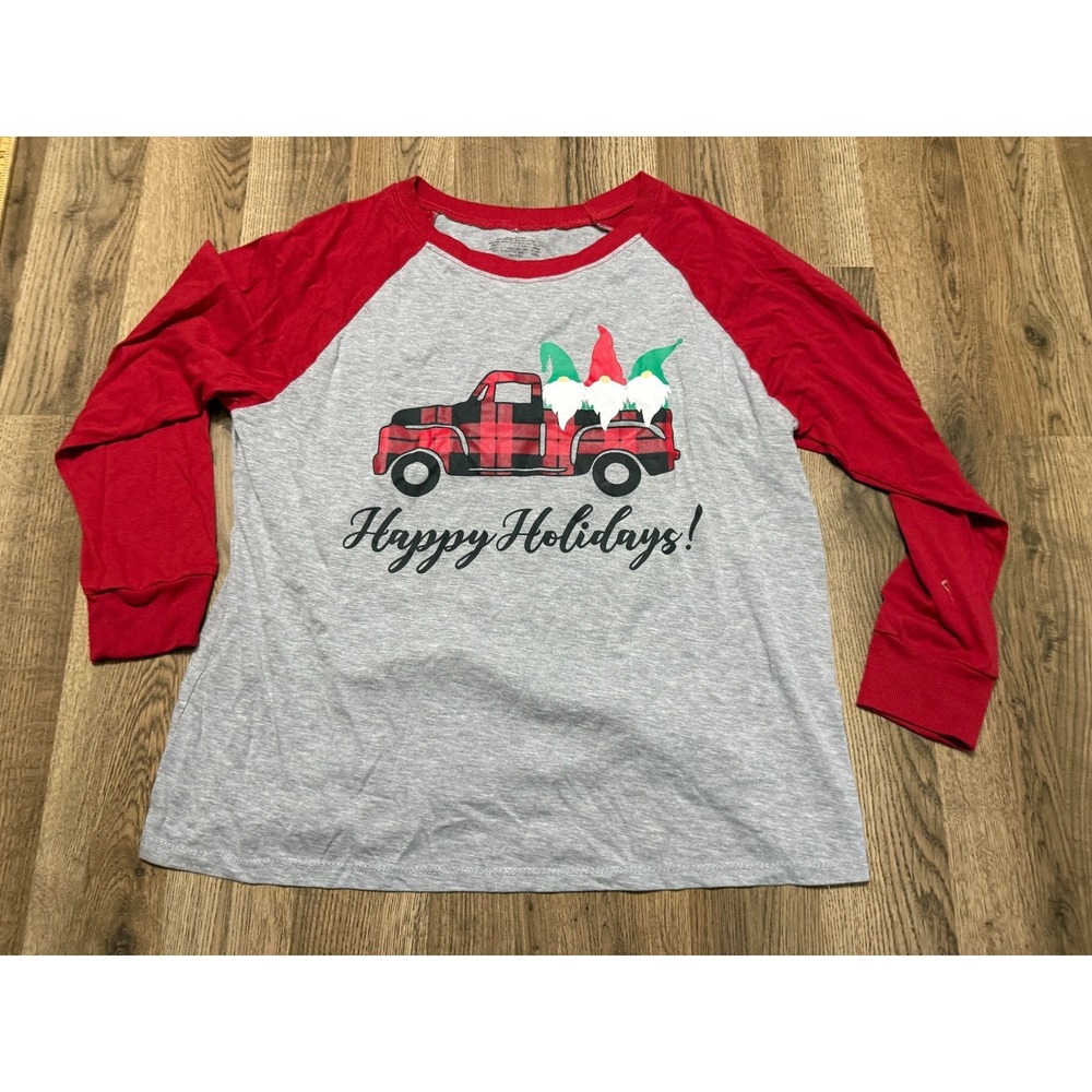 Shirt, Women's Plus 1X, Red Grey, 3/4 Sleeve, Truck Happy Holidays